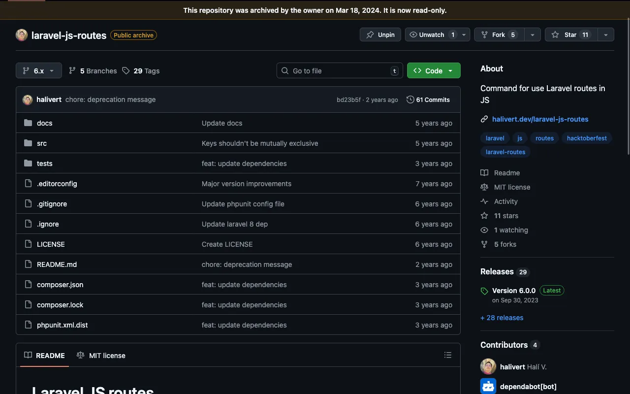 Screenshot del repo de laravel-js-routes