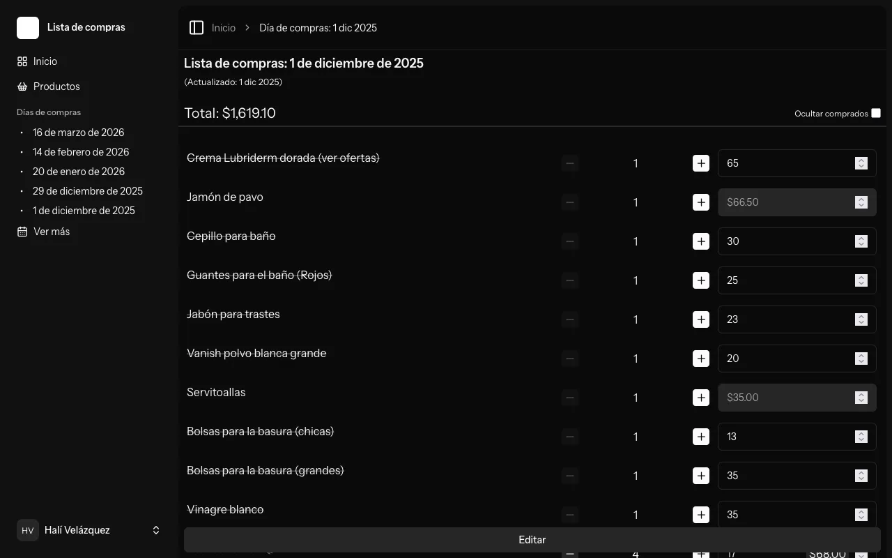 Screenshot de una lista de compras