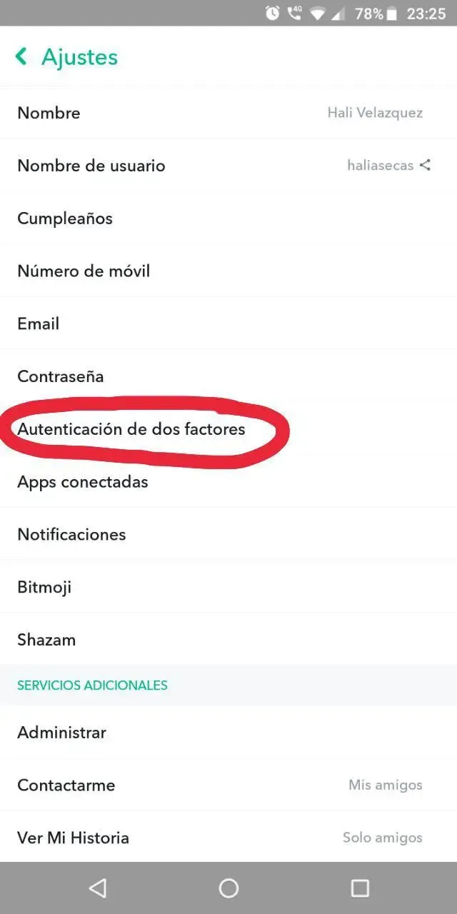 Ajustes de Snapchat (Autenticación de dos factores)