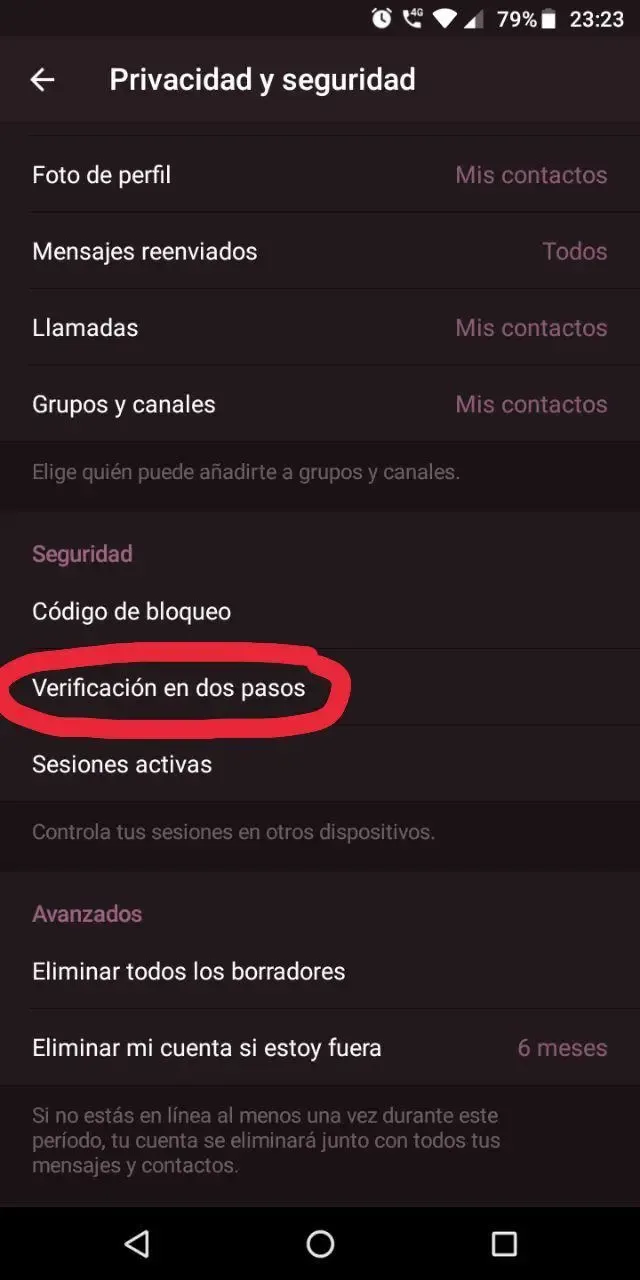 Configuración de privacidad y seguridad de Telegram